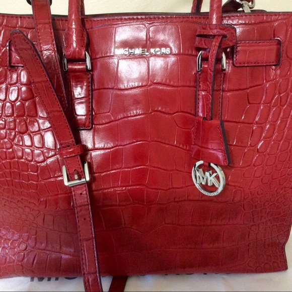 Michael Kors Lg Dillon Croc Embossed Leather Red Tote - Picture 11 of 12